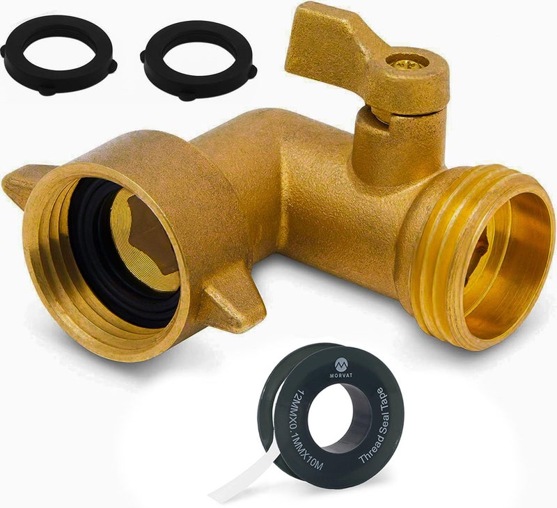 Morvat Garden Hose Elbow with Solid Brass 90 Degree 3/4" FHT x 3/4" MHT with ON/Off Shutoff Valve, Water Hose Elbow Connector with Swivel Connection For Easy Connection, Incudes Tape & 2 Extra Washers - Image 1